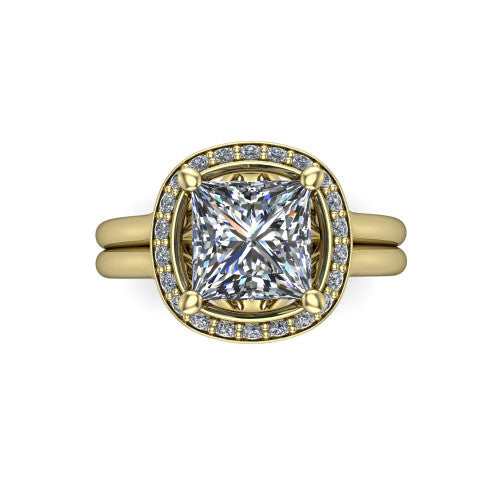Selah princess halo engagement ring in 14K Yellow Gold, top-down view showing the cushion pav&eacute; halo framing the princess center from above
