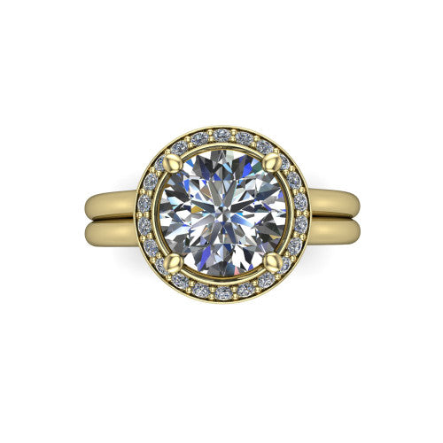 Selah round halo engagement ring in 18K Yellow Gold, top-down view showing the cushion pav&eacute; halo framing the round center from above