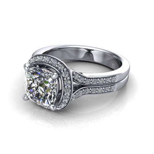 Serena cushion halo engagement ring in 14K White Gold, three-quarter perspective showing the cushion center in a cushion-shaped pav&eacute; halo above a split shank