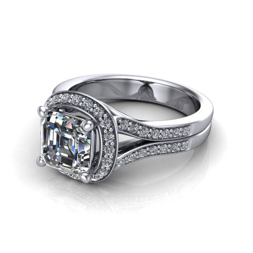 Serena square emerald halo engagement ring in 14K White Gold, three-quarter perspective showing the square emerald center in a cushion-shaped pav&eacute; halo above a split shank