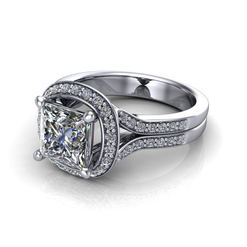 Serena princess halo engagement ring in 14K White Gold, three-quarter perspective showing the princess center in a cushion-shaped pav&eacute; halo above a split shank