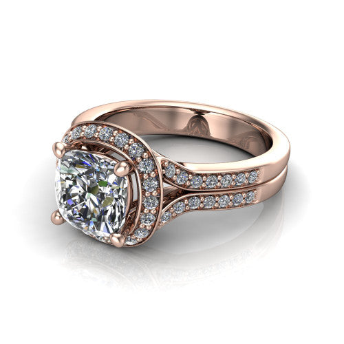 Serena cushion halo engagement ring in 14K Rose Gold, three-quarter perspective showing the cushion center in a cushion-shaped pav&eacute; halo above a split shank