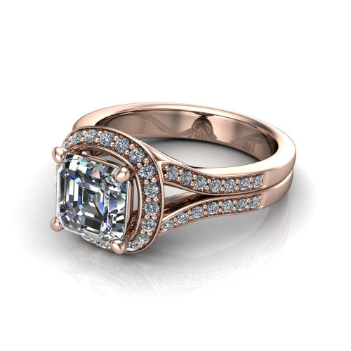 Serena square emerald halo engagement ring in 18K Rose Gold, three-quarter perspective showing the square emerald center in a cushion-shaped pav&eacute; halo above a split shank