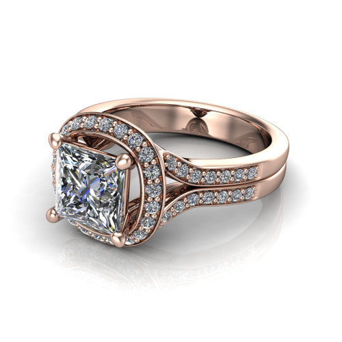 Serena princess halo engagement ring in 14K Rose Gold, three-quarter perspective showing the princess center in a cushion-shaped pav&eacute; halo above a split shank