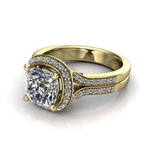 Serena cushion halo engagement ring in 18K Yellow Gold, three-quarter perspective showing the cushion center in a cushion-shaped pav&eacute; halo above a split shank