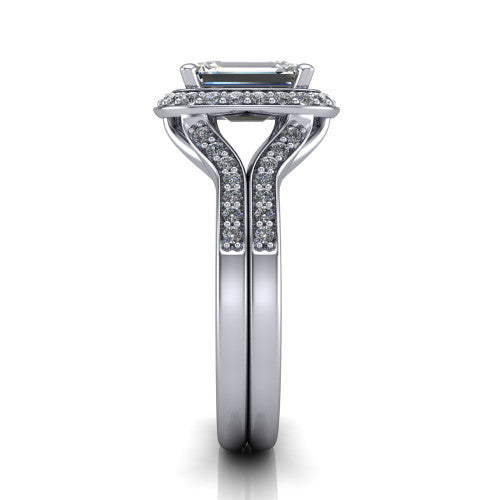 Serena emerald halo engagement ring in Platinum, side profile showing the pav&eacute; running down the split shoulders and the cushion halo in profile