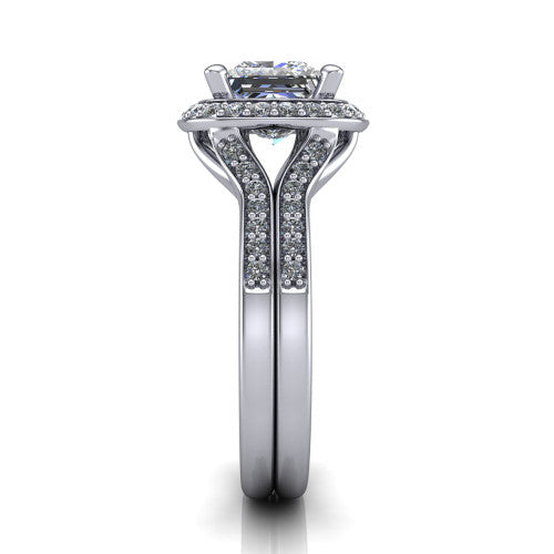 Serena princess halo engagement ring in Platinum, side profile showing the pav&eacute; running down the split shoulders and the cushion halo in profile