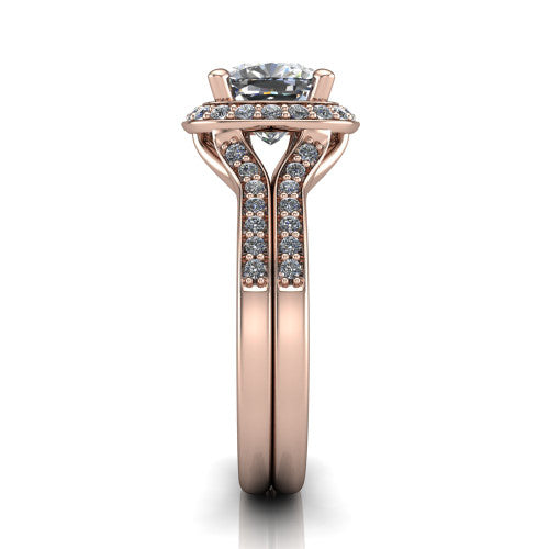 Serena cushion halo engagement ring in 14K Rose Gold, side profile showing the pav&eacute; running down the split shoulders and the cushion halo in profile