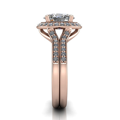 Serena oval halo engagement ring in 18K Rose Gold, side profile showing the pav&eacute; running down the split shoulders and the cushion halo in profile