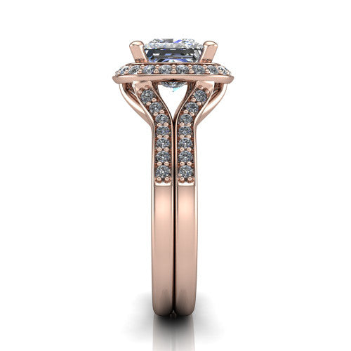 Serena princess halo engagement ring in 18K Rose Gold, side profile showing the pav&eacute; running down the split shoulders and the cushion halo in profile