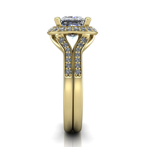 Serena princess halo engagement ring in 14K Yellow Gold, side profile showing the pav&eacute; running down the split shoulders and the cushion halo in profile
