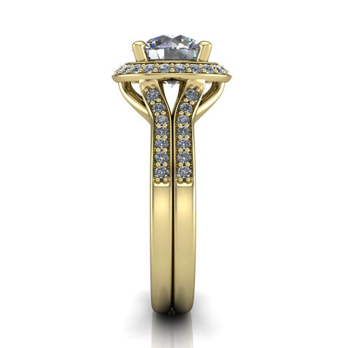 Serena round halo engagement ring in 18K Yellow Gold, side profile showing the pav&eacute; running down the split shoulders and the cushion halo in profile