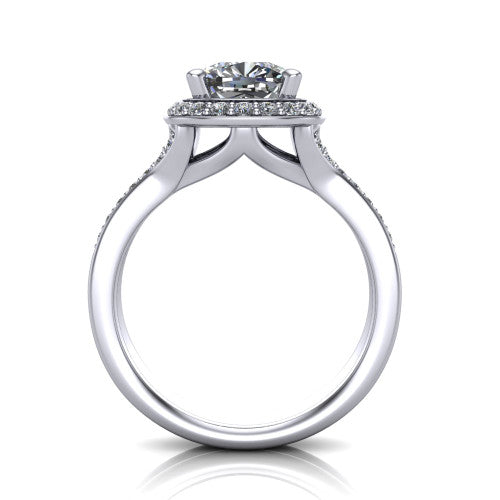 Serena cushion halo engagement ring in 14K White Gold, through-finger front profile showing the halo head raised above the pav&eacute; split shank and open gallery