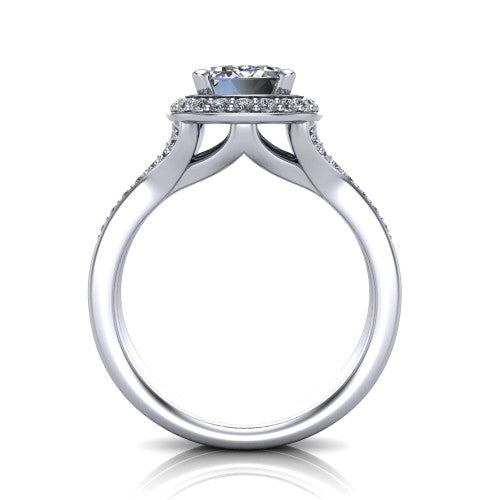 Serena emerald halo engagement ring in 18K White Gold, through-finger front profile showing the halo head raised above the pav&eacute; split shank and open gallery