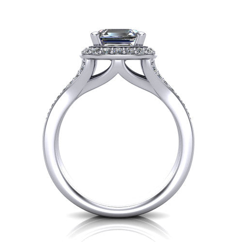 Serena square emerald halo engagement ring in Platinum, through-finger front profile showing the halo head raised above the pav&eacute; split shank and open gallery