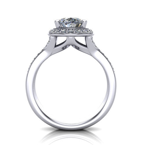 Serena oval halo engagement ring in Platinum, through-finger front profile showing the halo head raised above the pav&eacute; split shank and open gallery