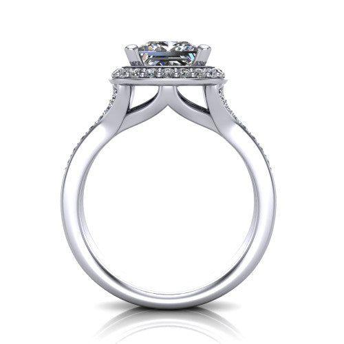 Serena princess halo engagement ring in Platinum, through-finger front profile showing the halo head raised above the pav&eacute; split shank and open gallery