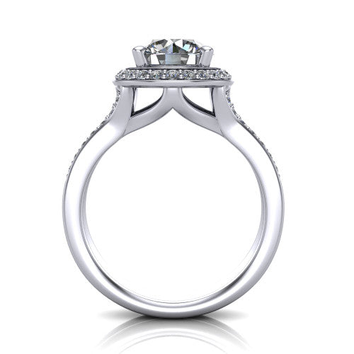 Serena round halo engagement ring in 18K White Gold, through-finger front profile showing the halo head raised above the pav&eacute; split shank and open gallery