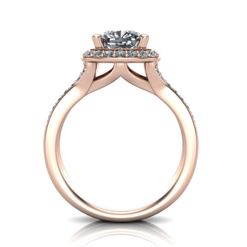 Serena cushion halo engagement ring in 14K Rose Gold, through-finger front profile showing the halo head raised above the pav&eacute; split shank and open gallery