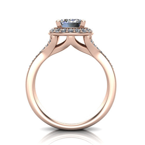 Serena emerald halo engagement ring in 14K Rose Gold, through-finger front profile showing the halo head raised above the pav&eacute; split shank and open gallery