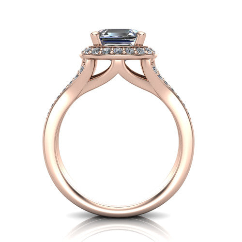 Serena square emerald halo engagement ring in 14K Rose Gold, through-finger front profile showing the halo head raised above the pav&eacute; split shank and open gallery