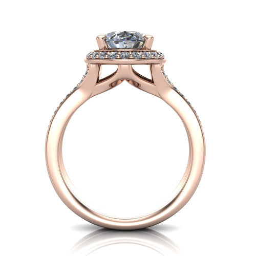 Serena oval halo engagement ring in 14K Rose Gold, through-finger front profile showing the halo head raised above the pav&eacute; split shank and open gallery