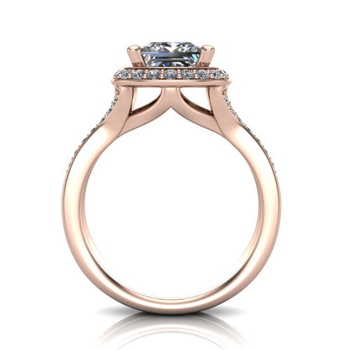 Serena princess halo engagement ring in 14K Rose Gold, through-finger front profile showing the halo head raised above the pav&eacute; split shank and open gallery
