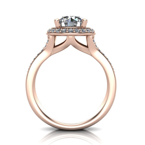 Serena round halo engagement ring in 14K Rose Gold, through-finger front profile showing the halo head raised above the pav&eacute; split shank and open gallery