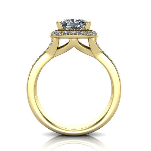 Serena cushion halo engagement ring in 18K Yellow Gold, through-finger front profile showing the halo head raised above the pav&eacute; split shank and open gallery
