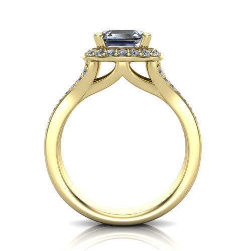 Serena square emerald halo engagement ring in 18K Yellow Gold, through-finger front profile showing the halo head raised above the pav&eacute; split shank and open gallery