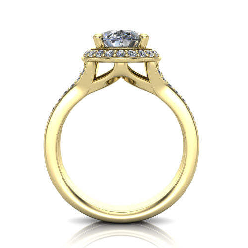 Serena oval halo engagement ring in 14K Yellow Gold, through-finger front profile showing the halo head raised above the pav&eacute; split shank and open gallery