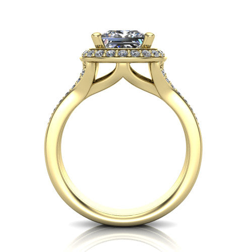 Serena princess halo engagement ring in 18K Yellow Gold, through-finger front profile showing the halo head raised above the pav&eacute; split shank and open gallery