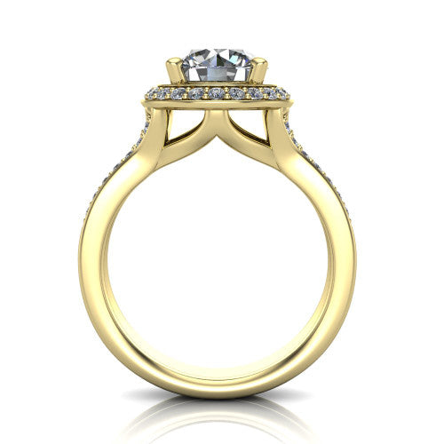 Serena round halo engagement ring in 14K Yellow Gold, through-finger front profile showing the halo head raised above the pav&eacute; split shank and open gallery