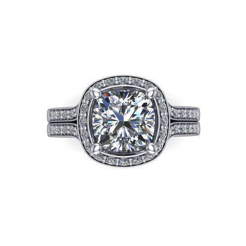 Serena cushion halo engagement ring in 18K White Gold, top-down view showing the cushion-shaped pav&eacute; halo and double-claw prongs framing the cushion center