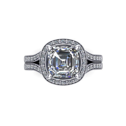 Serena square emerald halo engagement ring in 14K White Gold, top-down view showing the cushion-shaped pav&eacute; halo and double-claw prongs framing the square emerald center