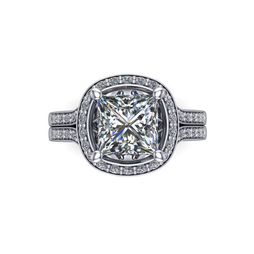 Serena princess halo engagement ring in Platinum, top-down view showing the cushion-shaped pav&eacute; halo and double-claw prongs framing the princess center