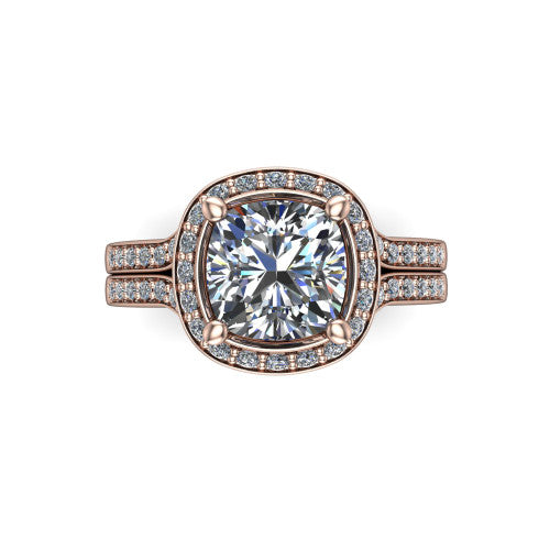Serena cushion halo engagement ring in 18K Rose Gold, top-down view showing the cushion-shaped pav&eacute; halo and double-claw prongs framing the cushion center
