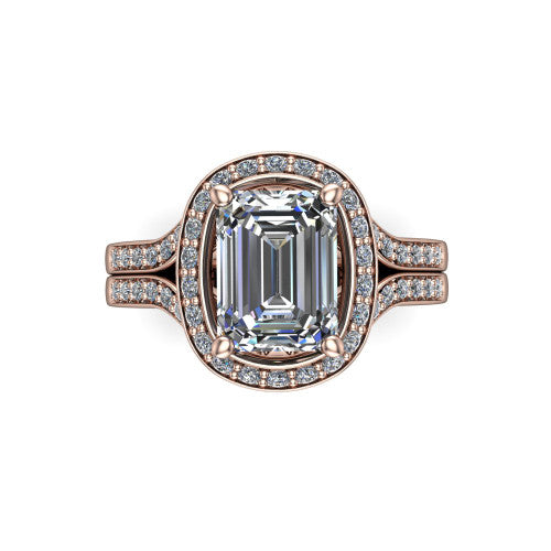 Serena emerald halo engagement ring in 14K Rose Gold, top-down view showing the cushion-shaped pav&eacute; halo and double-claw prongs framing the emerald center