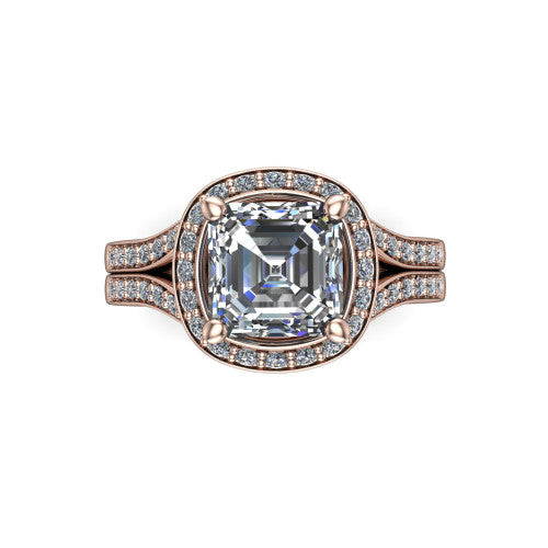 Serena square emerald halo engagement ring in 14K Rose Gold, top-down view showing the cushion-shaped pav&eacute; halo and double-claw prongs framing the square emerald center
