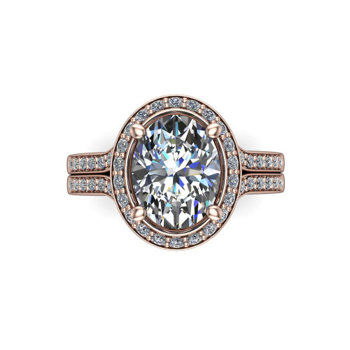 Serena oval halo engagement ring in 14K Rose Gold, top-down view showing the cushion-shaped pav&eacute; halo and double-claw prongs framing the oval center