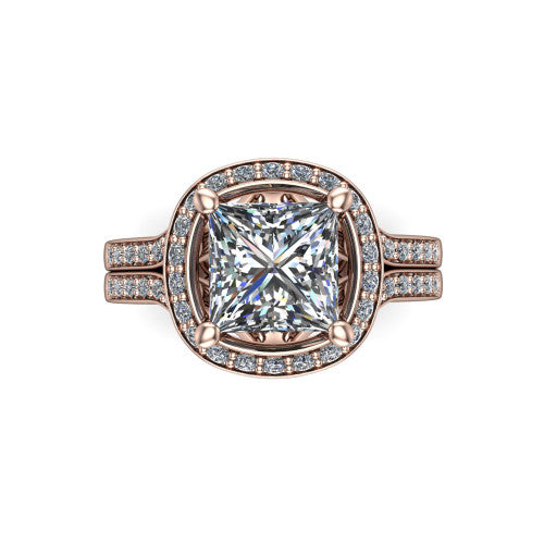 Serena princess halo engagement ring in 14K Rose Gold, top-down view showing the cushion-shaped pav&eacute; halo and double-claw prongs framing the princess center
