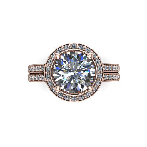 Serena round halo engagement ring in 18K Rose Gold, top-down view showing the cushion-shaped pav&eacute; halo and double-claw prongs framing the round center