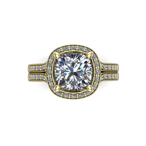 Serena cushion halo engagement ring in 14K Yellow Gold, top-down view showing the cushion-shaped pav&eacute; halo and double-claw prongs framing the cushion center