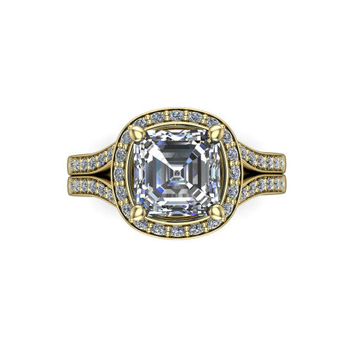 Serena square emerald halo engagement ring in 14K Yellow Gold, top-down view showing the cushion-shaped pav&eacute; halo and double-claw prongs framing the square emerald center