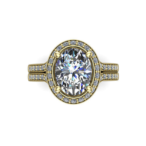 Serena oval halo engagement ring in 18K Yellow Gold, top-down view showing the cushion-shaped pav&eacute; halo and double-claw prongs framing the oval center