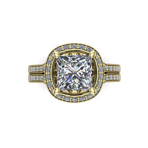 Serena princess halo engagement ring in 18K Yellow Gold, top-down view showing the cushion-shaped pav&eacute; halo and double-claw prongs framing the princess center