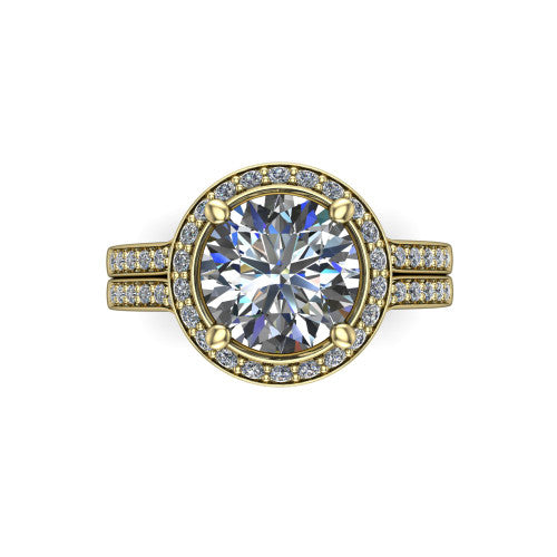 Serena round halo engagement ring in 18K Yellow Gold, top-down view showing the cushion-shaped pav&eacute; halo and double-claw prongs framing the round center