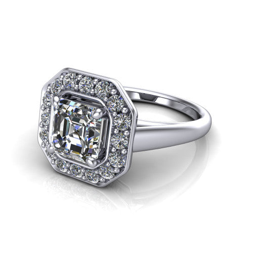 Makenna square emerald halo engagement ring in Platinum, three-quarter perspective showing the square emerald center in a single pav&eacute; diamond halo above a plain polished band