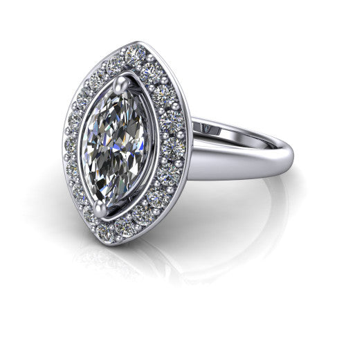 Makenna marquise halo engagement ring in Platinum, three-quarter perspective showing the marquise center in a single pav&eacute; diamond halo above a plain polished band