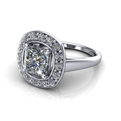 Makenna princess halo engagement ring in Platinum, three-quarter perspective showing the princess center in a single pav&eacute; diamond halo above a plain polished band